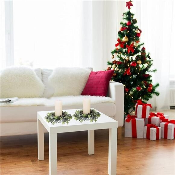 4 pcs Artificial Frosted Cedar and Pine Cone Candle Ring Christmas Candle Holder - Picture 2 of 7